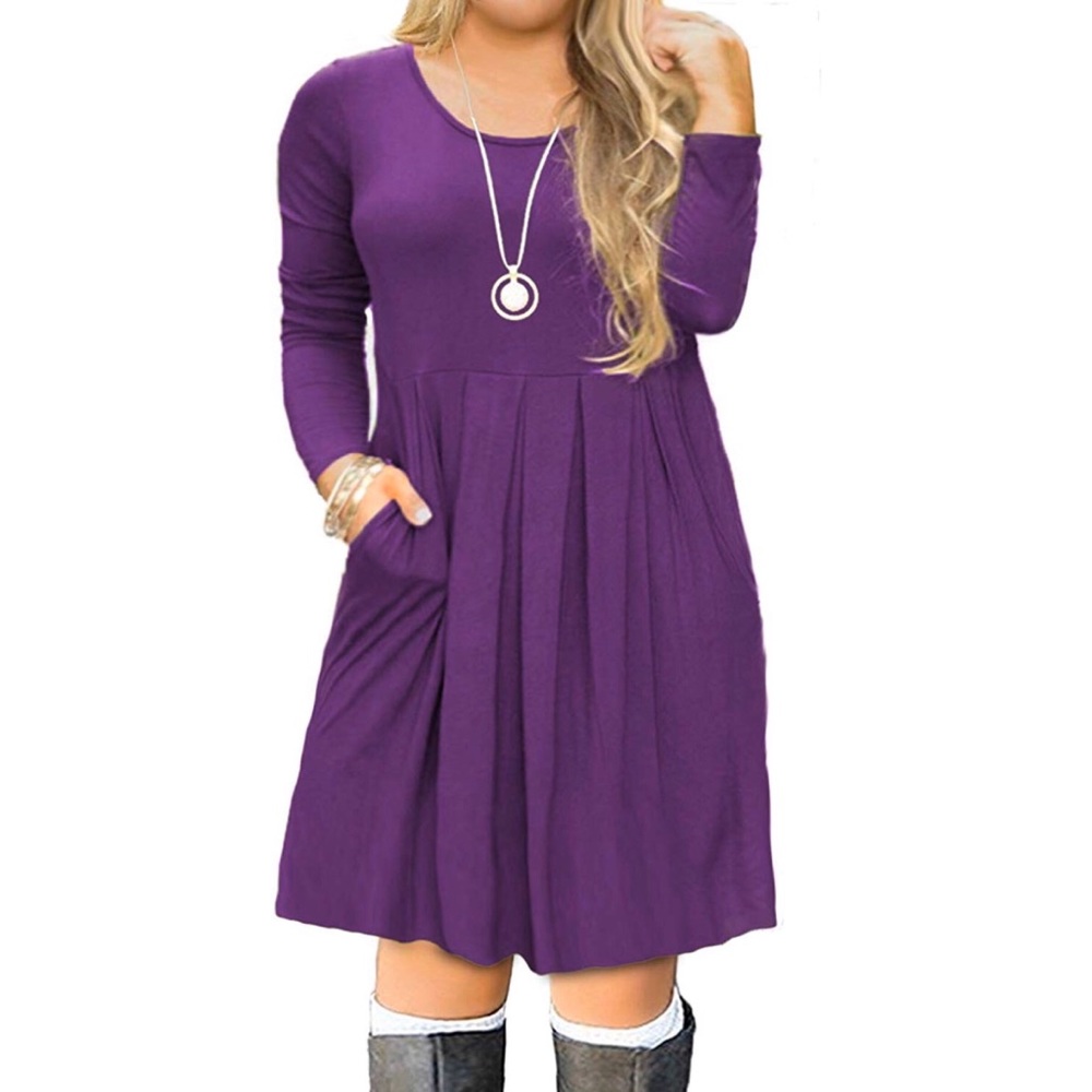 Casual Long Sleeve Pleated T Shirt Dress w Pockets